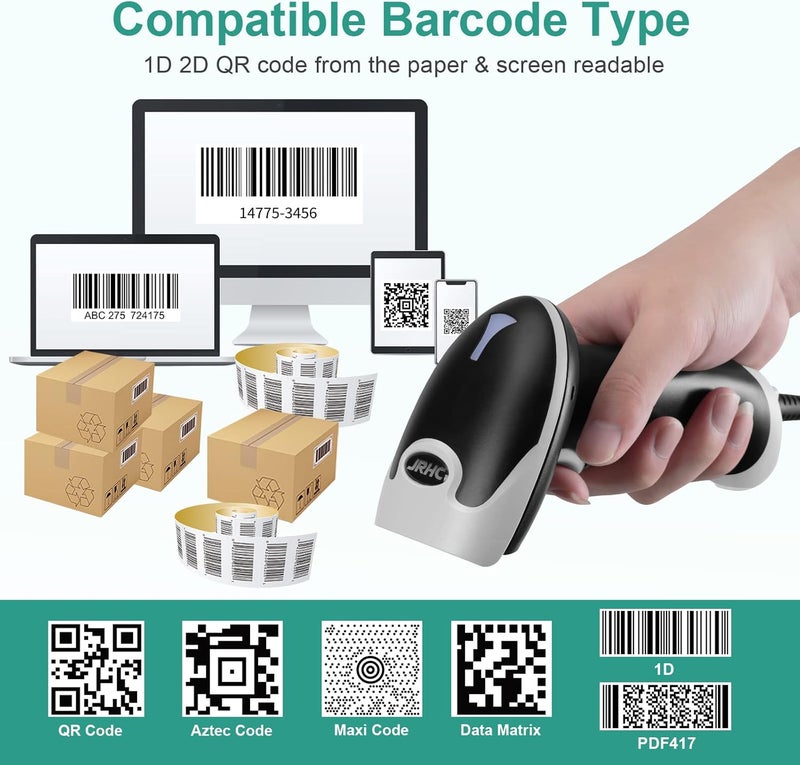JRHC Barcode Scanner, Handheld USB QR Code Scanner Wired Connection Barcode Reader 1D 2D&PDF417 Data Matrix Automatic Plug&Play Bar Code Scanners for Desktop Store Supermarket Warehouse Library Book - Image 3